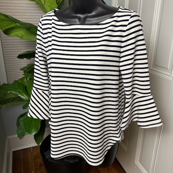 Green Envelope Tops - 12. Striped Black & White Flare Sleeve Shirt